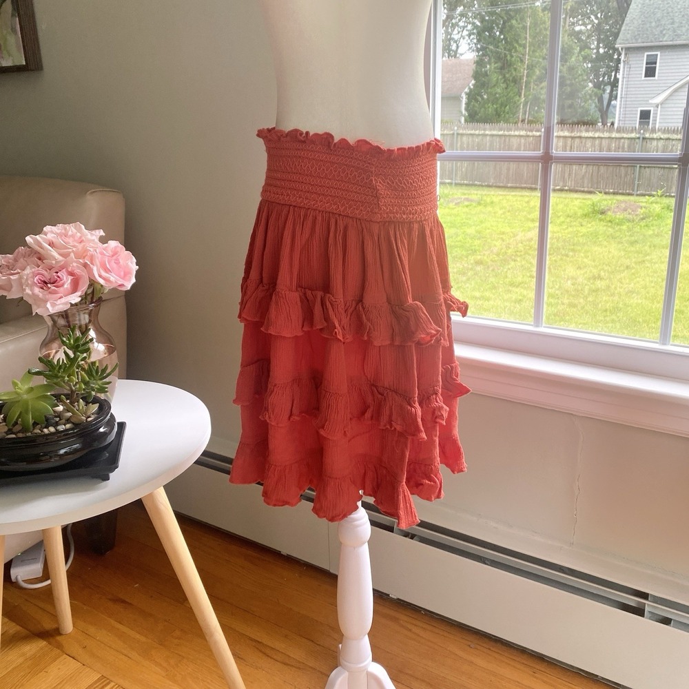 Tea 'N Lace Ruffle Skirt Orange Elastic Waist Flowy Tiered Boho Fairycore Size S - Picture 5 of 7